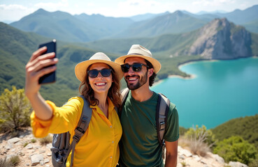 Happy couple takes selfie on mountain top, smiling. Young hikers enjoy nature, active lifestyle. Man, woman with backpacks, hats pose for pic with smartphone. Turquoise lake panorama.