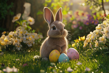 Easter bunny sitting next to colorful eggs and surrounded by tulips in the garden
