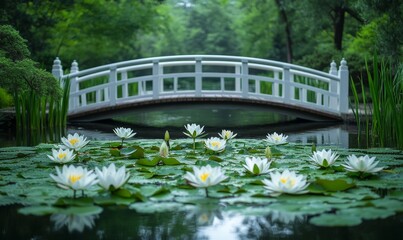 Fototapeta premium Tranquil Lily Pad Pond with Blooming Water Lilies and Elegant Bridge in Serene Garden Setting