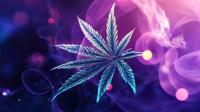 Colorful cannabis leaf illuminated against a mystical purple background with swirling patterns and glowing effects