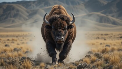 Majestic Bison Charging Across Open Prairie Landscape with Dust