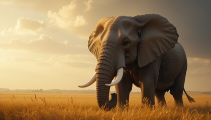 Fototapeta premium Majestic Elephant Standing in Golden Grassland at Sunset