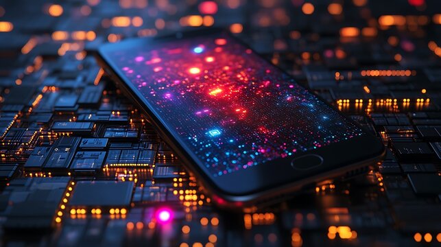 A phone featuring a colorful graphic of an anonymizing network where user profiles are concealed with encryption