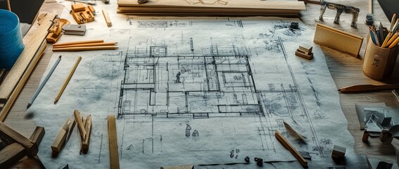 Blueprint of construction project with figures and tools highlighting quality home design services
