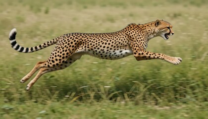Fototapeta premium Cheetah in Full Sprint Across a Lush Green Landscape
