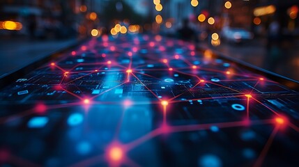 Obraz premium A smartphone displaying a colorful visual network of anonymized profiles with interconnected privacy nodes