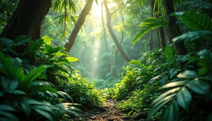 Fototapeta premium Tropical jungle with sun rays. Green vegetation includes palms, ferns along pathway. Ideal for trekking, travel vacation nature background. Exotic primeval forest paradise. Scenery with mist, fog in