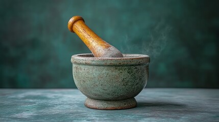 Dusty mortar and pestle steaming on teal background