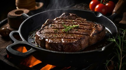 A moody food photography shot of a sizzling steak on a cast-iron skillet, with strong directional lighting creating deep shadows and highlights, enhancing the meat's sear