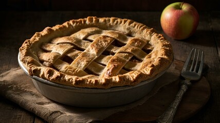 A moody food photography shot of a rustic apple pie, with strong directional lighting creating deep shadows and highlights, enhancing the flaky crust's layers