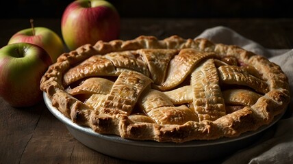 A moody food photography shot of a rustic apple pie, with strong directional lighting creating deep shadows and highlights, enhancing the flaky crust's layers