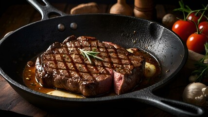 A moody food photography shot of a sizzling steak on a cast-iron skillet, with strong directional lighting creating deep shadows and highlights, enhancing the meat's sear