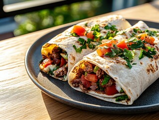Protein-rich breakfast burrito close-up on a plate in a kitchen setting with natural light highlighting fresh fillings