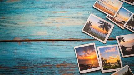 Collection of travel and beach photographs on vintage blue wooden surface, representing adventure, memories, and moments of relaxation