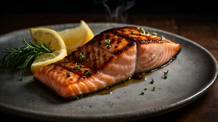 A moody food photography shot of a perfectly grilled salmon fillet, with strong directional lighting creating deep shadows and highlights, enhancing the fish's flaky texture