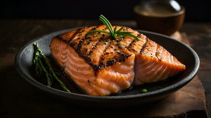 A moody food photography shot of a perfectly grilled salmon fillet, with strong directional lighting creating deep shadows and highlights, enhancing the fish's flaky texture