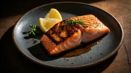 A moody food photography shot of a perfectly grilled salmon fillet, with strong directional lighting creating deep shadows and highlights, enhancing the fish's flaky texture