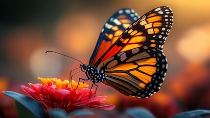 Fototapeta premium vibrant butterfly perched delicately on a red flower in a tranquil garden bathed in soft morning light