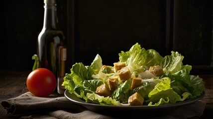 A moody food photography shot of a freshly tossed Caesar salad, with strong directional lighting creating deep shadows and highlights, enhancing the crispness of the lettuce