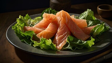 A moody food photography shot of a freshly tossed salad topped with delicate slices of smoked salmon, with strong directional lighting creating deep shadows and highlights, enhancing the crispness of 