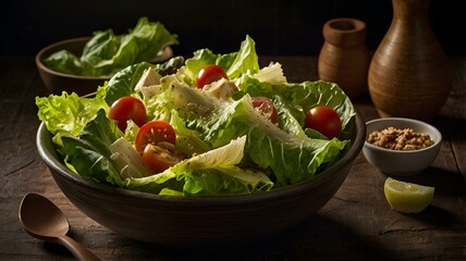 A moody food photography shot of a freshly tossed Caesar salad, with strong directional lighting creating deep shadows and highlights, enhancing the crispness of the lettuce