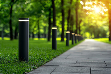 Modern pathway lined with stylish outdoor lights in lush park