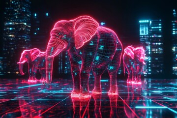 Obraz premium Holographic elephants in neon red and cyan on futuristic grid in a cyberpunk virtual world