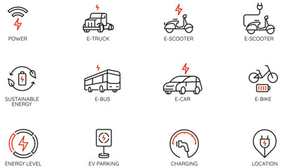 Vector Set of Linear Icons Related to Electric Vehicle Charging, Sustainable Transport, Modern Urbanization. Mono line pictograms and infographics design elements