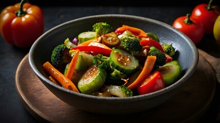 A moody food photography shot of a colorful vegetable stir-fry, with strong directional lighting creating deep shadows and highlights, enhancing the ingredients' vibrant colors