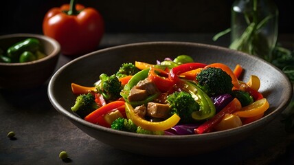 A moody food photography shot of a colorful vegetable stir-fry, with strong directional lighting creating deep shadows and highlights, enhancing the ingredients' vibrant colors