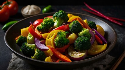 A moody food photography shot of a colorful vegetable stir-fry, with strong directional lighting creating deep shadows and highlights, enhancing the ingredients' vibrant colors