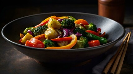 A moody food photography shot of a colorful vegetable stir-fry, with strong directional lighting creating deep shadows and highlights, enhancing the ingredients' vibrant colors