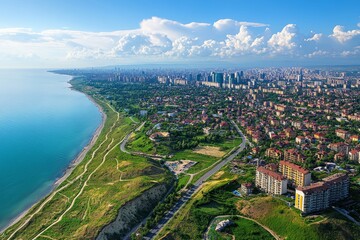 Stunning Aerial View of a Coastal City Showcasing Modern Architecture, Lush Greenery, and the Expansive Ocean During Golden Hour