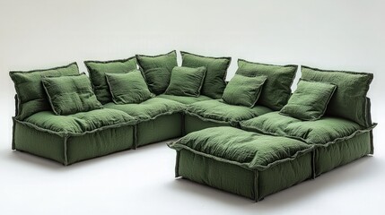 Fototapeta premium Modern green sectional sofa on white background; modern furniture; home decor; interior design; use in catalog or website