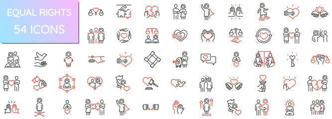 Vector Pack of Linear Icons Related to Human Interaction, Relationship, Inclusivity, Joint Development and Equal Rights. Mono line pictograms and infographics design elements