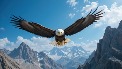 Majestic Eagle Soaring Over Rugged Mountain Landscape in Bright Sky