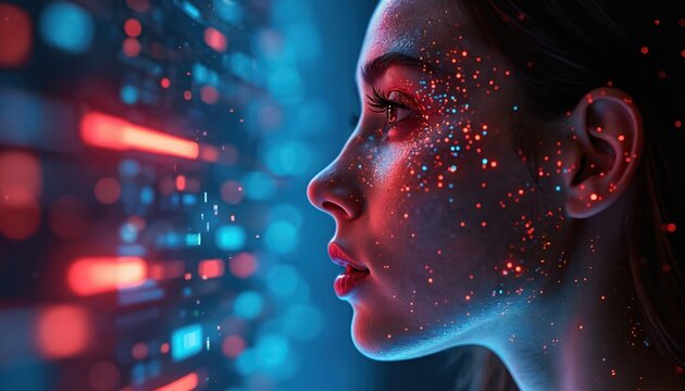 Side view of woman face with red, blue sparkles. Digital tech, virtual reality, augmented reality concept. Modern integration, user experience in metaverse, AI transformation, innovation. Hi-tech in