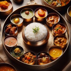 Close-up view of a traditional Nepalese or Indian thali, a platter containing various small dishes.
