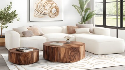 Bright Living Room Featuring a White Sectional Sofa and Natural Wood Coffee Tables