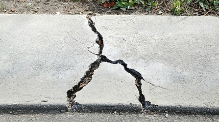 Cracked concrete sidewalk, Urban infrastructure failure, Damaged pavement, Possible settlement, Outdoor city scene
