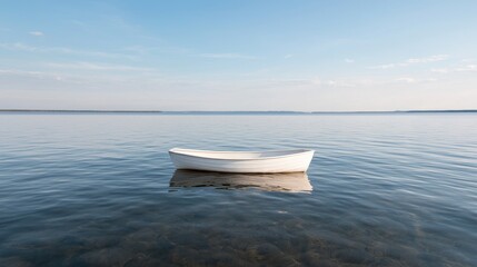Calm lake, lone white boat, tranquil scene, peaceful background, travel imagery