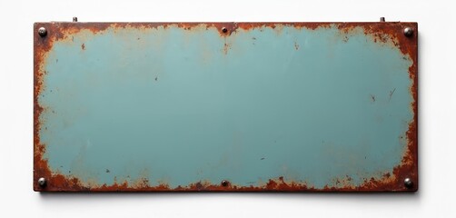 Rusty metal sign isolated on white background. Turquoise blank horizontal signboard, copy space. Aged, worn, scratched, unlabeled surface texture. Grunge, rustic, retro design. Grimy, nostalgic