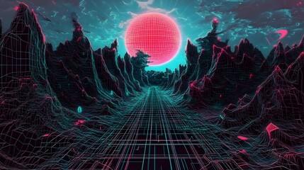 Futuristic Cyberpunk Landscape with Neon Lit Abstract City and Glowing Red Sphere Digital Art