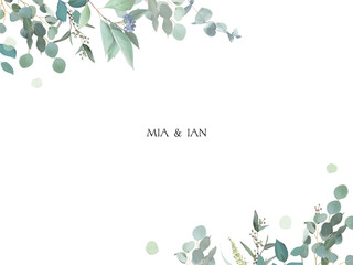 Herbal eucalyptus selection vector frame. Hand painted branches, leaves on white background. Greenery wedding simple minimalist invitation. Watercolor style card. Elements are isolated and editable © lavendertime