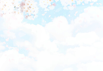 Full bloom sakura and blue skies vector design background. Spring fairytale backdrop. Pink japanese cherry blossom. Watercolor style texture. Delicate card. Elegant decoration. Fantasy pastel color