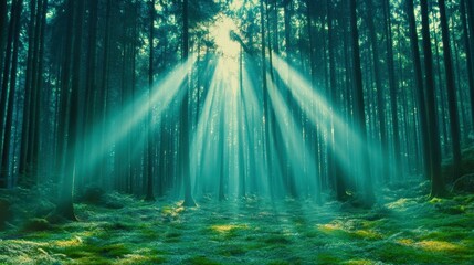 Sunlit Forest Canopy: The mesmerizing interplay of sunlight streaming through a dense forest canopy, creating ethereal beams of light that dance upon the lush undergrowth. 