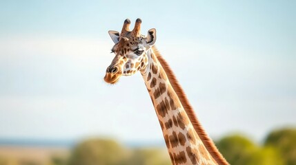 Obraz premium The Majestic Reach of a Giraffe: Captured in a sun-drenched savanna, a giraffe extends its long neck, displaying its signature patterned coat against a soft, natural backdrop.