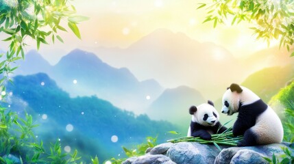 Panda Family in Mountain Scenery: A heartwarming scene unfolds as two pandas, a mother and her cub, find tranquility amidst the backdrop of verdant mountains and flourishing bamboo.