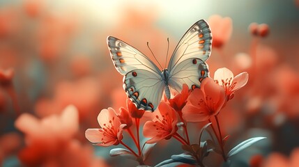 butterfly on a red bloom in a quiet garden with a serene atmosphere and early morning light