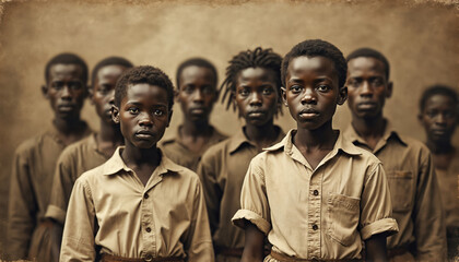 Group portrait of African American boys in vintage style. Boys in old-fashioned clothes standing in row. Nostalgic image about racism, inequality in 19th century. Historical archival slavery times